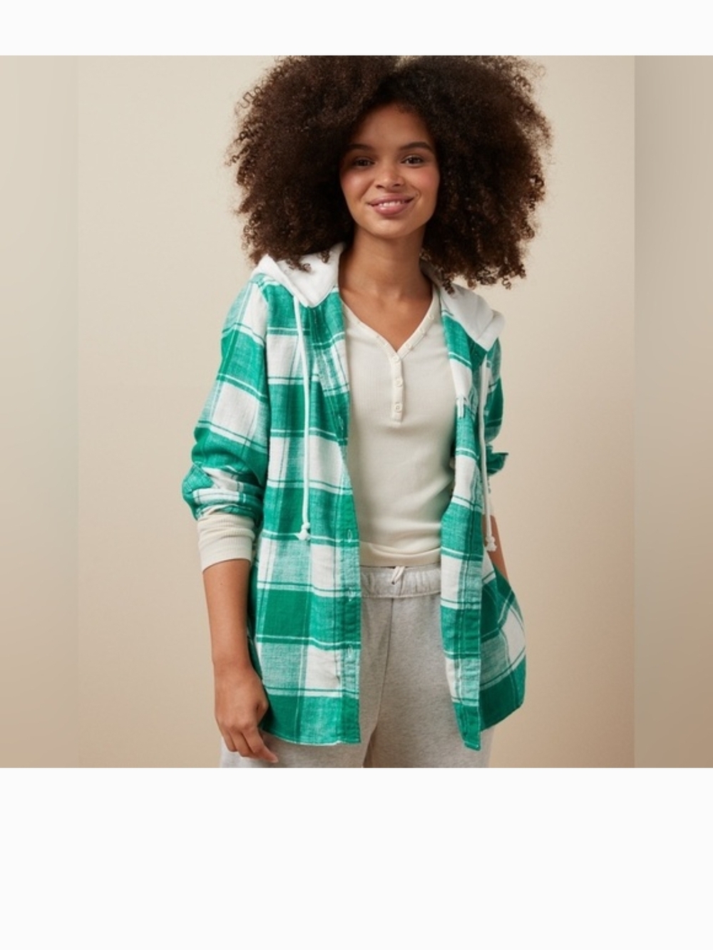 American Eagle Outfitters Green and White Plaid Hooded Button-Up Shirt Hooded